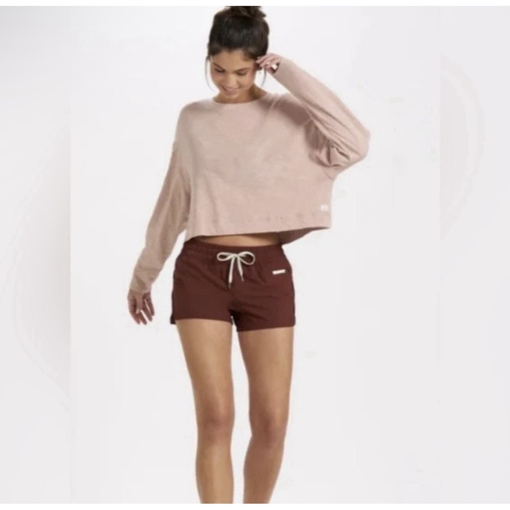 Vuori Womens Long Sleeve Slub Crop Top Pink Athletic Crew Neck Shirt